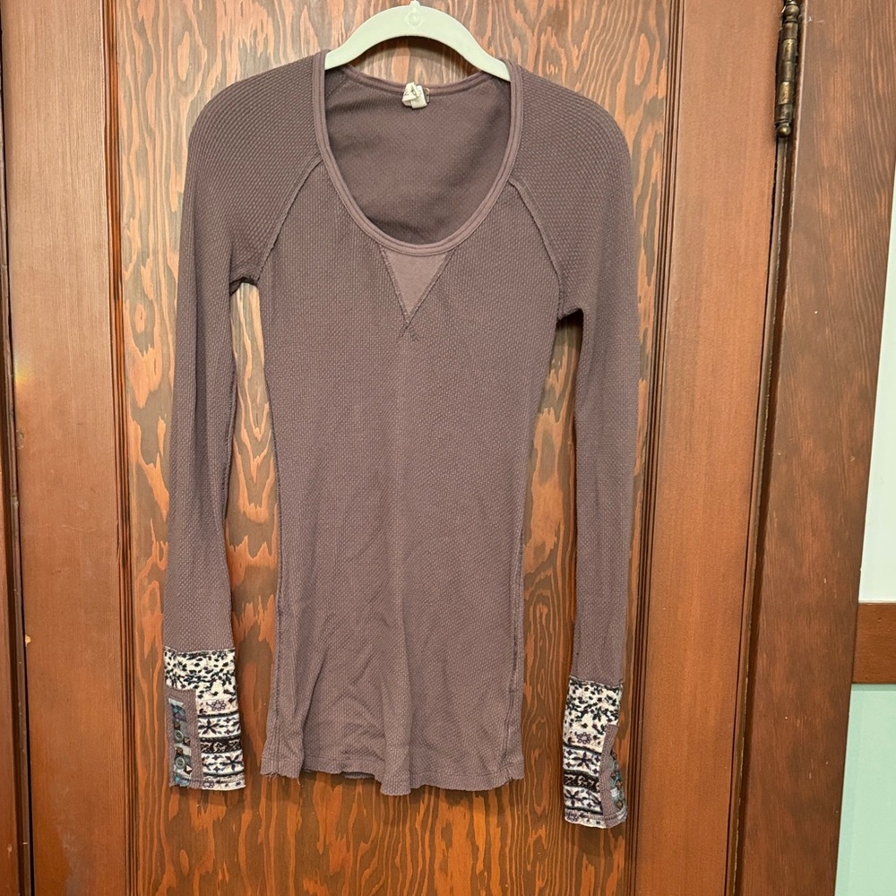 Free People Long Sleeve Top with Patterned Cuffs - Brown